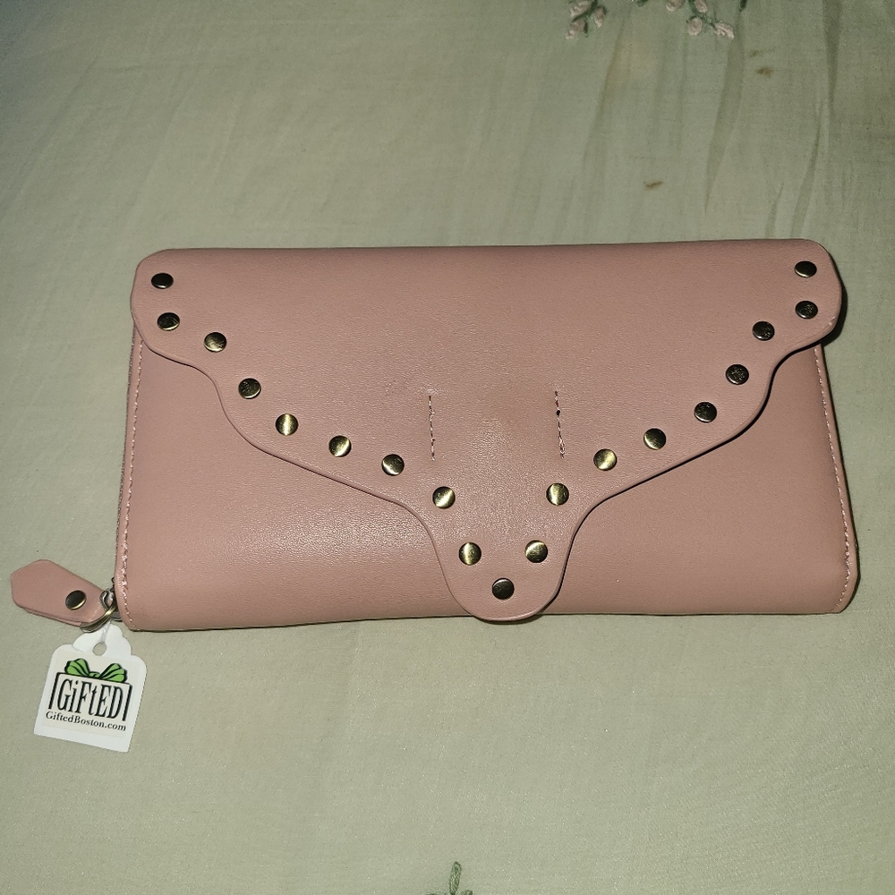 NWT Studded Wallet Pink Womens Several Multi Compartments Zipper